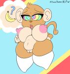 anthro areola banana big_breasts big_ears blue_background bodily_fluids breasts brown_body brown_fur clothing drooling earthbound_(series) featureless_feet female food fruit fur genitals hand_on_hip haplorhine head_tuft huge_breasts hypnosis legwear mammal mind_control monkey navel nintendo nipples nude open_mouth pink_areola pink_nipples plant primate pussy question_mark red_background saliva simple_background skindentation slightly_chubby solo tan_body tan_fur thick_thighs thigh_highs thought_bubble tuft white_clothing white_legwear white_thigh_highs wide_hips yellow_background yummercummer 