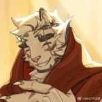  1boy ^_^ after_bathing animal_ears arknights artist_request bara closed_eyes facial_hair facing_viewer fingernails furry furry_male goatee happy large_hands lowres male_focus mountain_(arknights) naked_towel portrait scar scar_across_eye scar_on_arm sharp_fingernails short_hair smile solo thick_eyebrows tiger_boy tiger_ears towel towel_around_neck white_hair 