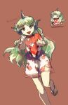  1girl absurdres blush brown_background chibi geta green_eyes green_hair highres horns komano_aunn long_hair looking_at_viewer multiple_views open_mouth red_shirt shirt short_sleeves shorts simple_background single_horn smile touhou uninosono white_shorts 