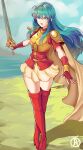  1girl aqua_eyes aqua_hair armor blue_eyes blue_hair breastplate cape commentary eirika_(fire_emblem) fingerless_gloves fire_emblem fire_emblem:_the_sacred_stones full_body gloves highres holding holding_sword holding_weapon jewelry long_hair open_mouth revolverwing sidelocks skirt solo sword thighhighs weapon 