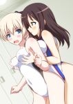  2girls blonde_hair blue_eyes breast_grab breasts brown_eyes brown_hair commentary_request competition_swimsuit covered_navel cowboy_shot dutch_angle eleonore_giovanna_gassion grabbing highleg highleg_swimsuit highres isa_(ni-iro) locker long_hair luminous_witches lyudmila_andreyevna_ruslanova medium_breasts multicolored_clothes multicolored_swimsuit multiple_girls one-piece_swimsuit swimsuit tongue tongue_out white_one-piece_swimsuit world_witches_series yuri 