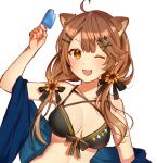  1girl :3 ahoge animal_ear_fluff animal_ears arm_up bare_shoulders bikini black_bikini blush breasts brown_hair cleavage fang flower food hair_flower hair_ornament hairclip highres holding holding_food holding_popsicle lion_ears long_hair looking_at_viewer low_twintails one_eye_closed open_mouth orange_eyes popsicle re:act sawamaru_0528 shawl shishigami_leona simple_background small_breasts smile solo swimsuit twintails upper_body virtual_youtuber white_background 