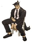  1boy animal_ears bara dark-skinned_male dark_skin dog_boy dog_ears dog_tail ear_down erection full_body girthy_penis highres looking_at_penis male_focus necktie on_chair open_fly original penis shirt short_hair sideburns sitting solo spread_legs suit tail thick_eyebrows uncensored uza_(hellme) white_background white_shirt 