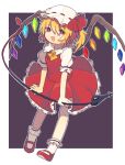  1girl ascot blonde_hair bobby_socks border breasts dark_background flandre_scarlet frilled_skirt frilled_sleeves frills full_body hair_between_eyes hat hat_ribbon holding holding_polearm holding_weapon kaishin_nakoru laevatein_(touhou) looking_at_viewer mary_janes medium_hair multicolored_wings one_side_up open_mouth polearm puffy_short_sleeves puffy_sleeves red_eyes red_footwear red_ribbon red_skirt red_vest ribbon ribbon-trimmed_headwear ribbon_trim shirt shoes short_sleeves simple_background skirt skirt_set sleeve_ribbon small_breasts socks solo touhou triangle_mouth vest weapon white_border white_headwear white_shirt white_socks wings yellow_ascot 