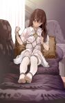  1girl bdsm bondage bound bound_ankles bound_legs bound_thighs bound_torso brown_hair couch dress feet full_body highres long_hair looking_at_viewer no_shoes original pantyhose pillow restrained rope shibari shibari_over_clothes soles solo white_pantyhose yewang19 