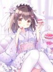  1girl animal_ears azumi_kazuki blush breasts brown_eyes brown_hair commentary_request fake_animal_ears feet_out_of_frame floral_print food frilled_hairband frilled_sleeves frills fruit hair_ribbon hairband hands_up highres holding holding_food holding_tray japanese_clothes kimono knees_together_feet_apart long_sleeves looking_at_viewer obi one_side_up original parted_lips pink_ribbon print_kimono purple_kimono rabbit_ears ribbon sash small_breasts solo strawberry thighhighs tiered_tray tray upper_body white_hairband white_thighhighs wide_sleeves 