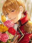 1boy artist_name blonde_hair bouquet commentary_request dated eiyuu_densetsu english_text flower happy_birthday holding holding_bouquet jacket long_hair looking_at_viewer low_ponytail male_focus military_uniform olivert_reise_arnor red_jacket sawaponu3 sen_no_kiseki smile solo teeth uniform 