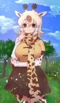  1girl animal_ears blonde_hair blue_sky brown_eyes extra_ears giraffe_ears giraffe_girl giraffe_horns giraffe_print highres horns kemono_friends looking_at_viewer masai_giraffe_(kemono_friends) multicolored_hair nature notora pantyhose scarf shirt short_hair skirt sky solo 