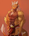  abs anthro arm_tuft armor beard biceps bottomwear chest_tuft clothed clothing dragon elbow_tuft facial_hair fur furred_dragon hair hi_res lofnirv loincloth looking_at_viewer male mammal multicolored_body muscular muscular_anthro muscular_male orange_body orange_fur pecs pubes pubes_exposed scalie simple_background smile solo tail topless tuft two_tone_body 