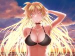  1girl arm_behind_back armpits bare_shoulders bikini black_bikini black_collar blonde_hair blush breasts cleavage closed_mouth collar collarbone evening fate_testarossa hand_up heart heart-shaped_pupils highres large_breasts light_smile lyrical_nanoha mahou_shoujo_lyrical_nanoha_strikers o-ring o-ring_bikini o-ring_top ocean outdoors parted_bangs red_eyes sky solo sougetsu_izuki swimsuit symbol-shaped_pupils upper_body 