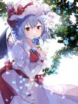  1girl ascot bat_wings blue_flower blue_hair blue_rose brooch flower hat highres holding holding_flower jewelry mob_cap red_eyes remilia_scarlet rose shirt short_hair skirt skirt_set solo touhou wings yurara_(aroma42enola) 