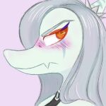  1:1 2023 amber_eyes anthro blush digital_drawing_(artwork) digital_media_(artwork) dinosaur eyeliner fang_(gvh) female goodbye_volcano_high grey_body grey_scales hair halter_top long_hair makeup pink_background pterodactylus pterosaur reptile scales scalie silver_hair simple_background snoot_game_(fan_game) snout solo uso_shiro 
