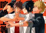  4boys bandaid bandaid_on_arm black_eyes black_hair black_jacket blonde_hair blue_eyes brown_hair chromatic_aberration earrings facial_mark fist_in_hand from_side gauze_on_arm hand_on_own_head highres inuzuka_kiba jacket jewelry looking_ahead looking_to_the_side mirin_(coene65) multiple_boys naruto_(series) red_shirt scar scar_on_face shirt short_hair sweatdrop translation_request uchiha_sasuke umino_iruka uzumaki_naruto whisker_markings white_shirt 