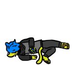  anthro blue_hair clothing domestic_cat family_guy_death_pose felid feline felis fluffy fluffy_hair hair hi_res inner_ear_fluff jacket male male/male mammal meme neck_tuft pawpads paws solo spyno topwear tuft yellow_cat 