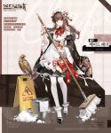  1girl 1other apron bird broom brown_hair bucket bucket_of_water english_text falcon falcon_(girls&#039;_frontline) floral_print food-themed_hair_ornament frills girls&#039;_frontline hair_ornament highres holding holding_broom korean_text maid maid_apron maid_headdress official_alternate_costume official_art pantyhose red_eyes shoes sign skirt strawberry_hair_ornament towel wa_maid warning_sign white_pantyhose 