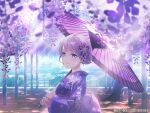  1girl bang_dream! blue_eyes floral_print flower grey_hair hair_flower hair_ornament holding holding_umbrella japanese_clothes kimono long_hair long_sleeves looking_at_viewer official_art parted_lips print_kimono purple_flower purple_kimono purple_umbrella smile tree umbrella updo wakamiya_eve wide_sleeves wisteria 