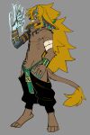  6my alternate_species anthro claws clothed clothing digital_media_(artwork) ear_piercing fur hair hi_res horn looking_at_hand male mammal nintendo piercing smile solo tail tears_of_the_kingdom the_legend_of_zelda zonai zonai_link 
