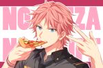  1boy blue_eyes bracelet collared_shirt commentary_request dino_albani fingernails food food_in_mouth hands_up helios_rising_heroes highres holding holding_food holding_pizza jewelry looking_at_viewer male_focus open_collar partial_commentary pink_hair pizza pizza_slice sekina shirt short_hair solo teeth 