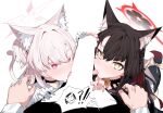  !? 2girls absurdres akira_(blue_archive) animal_ear_fluff animal_ears arona&#039;s_sensei_doodle_(blue_archive) black_hair blue_archive blush cat_ears cat_tail censored colored_inner_hair cooperative_fellatio fellatio fox_ears fox_girl fox_tail gloves halo heart heart-shaped_pupils highres licking licking_penis long_hair looking_at_viewer multicolored_hair multiple_girls oral penis plentyofempty pov red_eyes sensei_(blue_archive) shirt symbol-shaped_pupils tail wakamo_(blue_archive) white_background white_gloves white_hair white_shirt yellow_eyes 