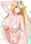  1girl absurdres arm_up bikini blonde_hair breasts chest_jewel closed_mouth collarbone groin highres large_breasts long_hair looking_at_viewer micro_bikini mythra_(xenoblade) navel oruru63100814 solo stomach swimsuit tiara very_long_hair white_bikini xenoblade_chronicles_(series) xenoblade_chronicles_2 yellow_eyes 