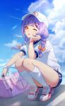  1girl ;p absurdres bag baseball_cap blue_shirt blue_shorts blue_sky bottle bow cloud crazy_ones duffel_bag gym_shirt gym_shorts gym_uniform hair_ornament hairclip hat highres holding holding_bottle long_hair multicolored_shirt official_art one_eye_closed purple_hair qianye_zhizi shirt shoes shorts sky sneakers socks solo squatting tongue tongue_out water_bottle white_shirt white_socks yellow_bow yellow_eyes 