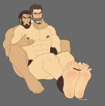  2boys abs bara beard blush bound bound_feet brown_hair facial_hair feet fire_emblem fire_emblem:_the_sacred_stones garcia_(fire_emblem) gilliam_(fire_emblem) head_on_another&#039;s_shoulder highres large_pectorals male_focus mature_male multiple_boys muscular muscular_male mutton_chops nipples pectorals revealyoursins short_hair smile soles stomach thick_eyebrows thick_thighs thighs topless_male yaoi 