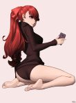  1girl absurdres artist_name ass black_panties black_shirt bow breasts cellphone closed_mouth commentary eyelashes feet from_behind full_body hair_bow highres holding legs long_sleeves looking_at_viewer looking_back no_pants panties persona persona_5 persona_5_the_royal phone ponytail red_bow red_eyes red_hair romaji_commentary shirt smartphone solo swept_bangs thighs toenails toes underwear x_xith_x yoshizawa_kasumi 
