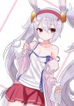  1girl animal_ears azur_lane blush breasts camisole cleavage closed_mouth cowboy_shot fake_animal_ears fur-trimmed_sleeves fur_trim grey_hair hair_between_eyes hairband hand_up highres jacket laffey_(azur_lane) long_hair long_sleeves looking_at_viewer off_shoulder open_clothes open_jacket pink_jacket pleated_skirt rabbit_ears red_eyes red_hairband red_skirt skirt sleeves_past_wrists small_breasts solo standing strap_slip twintails very_long_hair white_background white_camisole yojouhan_0000 