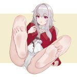 1girl absurdres arm_support barefoot cameltoe chinese_commentary clara_(honkai:_star_rail) commentary_request eyelashes feet foot_focus foreshortening full_body grey_hair grey_panties hair_between_eyes hand_up highres honkai:_star_rail honkai_(series) iicedcola jacket leaning_back long_hair long_sleeves looking_at_viewer no_pants on_ground open_mouth panties partially_unbuttoned purple_eyes red_jacket shiny_skin shirt sidelocks soles solo toes underwear white_shirt 