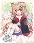  1girl alternate_hairstyle animal_ear_fluff animal_ears cat_ears cat_girl cat_hair_ornament cat_tail commission fang forked_tail green_eyes hair_ornament heterochromia highres light_brown_hair mokarooru multiple_tails prism_project second-party_source shoes shorts skeb_commission sneakers socks stuffed_animal stuffed_toy suzune_nia tail two_tails virtual_youtuber yellow_eyes 