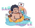  &gt;_&lt; ._. 1boy @_(symbol) animal_on_shoulder artist_request asphyxiation bara beard_stubble chibi dark-skinned_male dark_skin drowning fang heart innertube looking_ahead male_focus nipples original plump red_panda sample_watermark short_hair sideburns skin_fang smile solo spoken_heart thick_eyebrows 