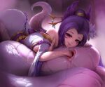  1girl blush breasts cassiopeia_(league_of_legends) english_commentary facial_mark female_masturbation fisting flower gaping hair_flower hair_ornament half-closed_eyes lamia large_breasts league_of_legends lipstick looking_at_viewer makeup masturbation monster_girl naughty_face nipples photoshop_(medium) purple_eyes purple_hair pussy revision scales self_fisting sirfy solo spirit_blossom_(league_of_legends) spirit_blossom_cassiopeia tongue tongue_out 
