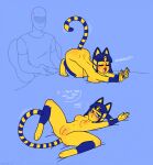  5_fingers animal_crossing ankha_(animal_crossing) annoyed anthro areola bangs bed bedroom_eyes big_breasts blue_background blue_hair blush bob_cut bodily_fluids breast_squish breasts butt clothed clothed/nude clothing curvy_figure digital_media_(artwork) digitigrade domestic_cat egyptian english_text eyeshadow feet felid feline felis female fingers fur furniture genital_fluids genital_focus genitals gold_(metal) gold_jewelry gradient_background hair headgear headwear hi_res hostile-elf human jewelry makeup mammal markings mouth_closed narrowed_eyes nintendo nipples nude open_mouth orange_areola orange_nipples presenting presenting_hindquarters presenting_pussy pussy pussy_juice seductive shirt short_hair simple_background speech_bubble spread_legs spreading squish striped_markings striped_tail stripes tail tail_markings text thick_thighs tongue topwear unusual_insides uraeus yawn yellow_areola yellow_body yellow_fur yellow_insides yellow_nipples yellow_pussy 