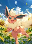  blue_sky blush cloud day falling_petals flareon flower highres jumping kaminokefusa looking_at_viewer no_humans open_mouth outdoors petals pokemon pokemon_(creature) sky solo sunflower translation_request 