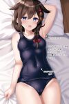  1girl absurdres ahoge armpits bare_arms bare_legs bare_shoulders bed_sheet black_one-piece_swimsuit blue_eyes blush braid brown_hair cowboy_shot cursor hair_between_eyes hair_flaps highres himura_moritaka kantai_collection long_hair one-piece_swimsuit open_mouth school_swimsuit shigure_(kancolle) shigure_kai_ni_(kancolle) single_braid solo swimsuit translation_request 