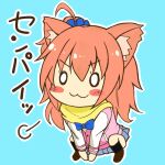  1girl :3 =3 animal_ear_fluff animal_ears blue_background blue_bow blue_scrunchie blue_skirt blush_stickers bow cat_ears cat_girl chibi closed_mouth commentary_request hair_ornament hair_scrunchie inaba_meguru jacket long_hair long_sleeves miniskirt nicoseiga_21071457 o_o orange_hair partial_commentary pink_jacket pleated_skirt sanoba_witch scarf school_uniform scrunchie side_ponytail simple_background skirt smile solo squatting translated v-shaped_eyebrows v_arms wavy_hair yellow_scarf 