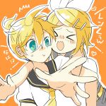  &gt;_&lt; 1boy 1girl 7:24 :3 :t ahoge black_sailor_collar blonde_hair blush blush_stickers bow cheek_bulge glomp green_eyes grey_sailor_collar grey_shorts hair_bow hair_ornament hairclip highres hug hug_from_behind kagamine_len kagamine_rin orange_background sailor_collar sailor_shirt shirt short_ponytail short_sleeves shorts siblings sleeveless sleeveless_shirt surprised sweatdrop swept_bangs translation_request twins vocaloid white_bow white_shirt wide-eyed 