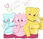  2023 anthro azulin_(unicorn_wars) bear belly blue_body blue_eyes blush bottomwear clothing coco_(unicorn_wars) exclamation_point gordi_(unicorn_wars) group hi_res male male/male mammal moobs nery_fn nipples overweight overweight_male pants pink_body pink_eyes purple_eyes unicorn_wars 