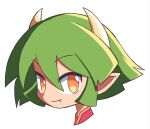  1girl brown_eyes closed_mouth cropped_shoulders draco_centauros dragon_horns fang green_hair hair_between_eyes highres horns ikyllua looking_at_viewer madou_monogatari puyopuyo short_hair simple_background smile solo white_background white_horns 