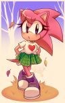  :o absurdres amy_rose animal_ears autumn bare_tree blue_eyes cuteytcat falling_leaves gloves green_skirt hairband hand_on_own_hip highres leaf light_blush looking_at_viewer pink_fur pleated_skirt purple_footwear red_hairband shirt shoes short_sleeves skirt solo sonic_(series) tail tree white_shirt 