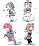  4girls black_thighhighs blonde_hair blue_sailor_collar breasts chibi closed_mouth depth_charge dress garter_straps gloves grey_hair hair_between_eyes hair_ornament hair_ribbon hairband hairclip headgear highres holding inagi_(kancolle) javelin_(kancolle) kantai_collection long_hair long_sleeves multiple_girls nevada_(kancolle) open_mouth pleated_skirt poipoi_purin red_hair red_thighhighs ribbon rodney_(kancolle) sailor_collar sailor_dress short_hair simple_background skirt smile socks thighhighs white_gloves white_socks yellow_ribbon 