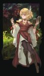  1girl absurdres bare_shoulders belt black_border black_pantyhose blonde_hair book border brown_belt brown_dress choker citrinne_(fire_emblem) commentary_request dress fire_emblem fire_emblem_engage hands_up highres holding holding_book kaphrin orange_eyes pantyhose short_hair solo wing_hair_ornament 