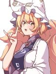  1girl absurdres animal_ears blonde_hair blush breasts dress fang fingernails fox_ears fox_shadow_puppet fox_tail gokuu_(acoloredpencil) hat highres large_breasts mob_cap multiple_tails open_mouth short_hair simple_background skin_fang smile solo tabard tail touhou upper_body white_background white_dress white_headwear wide_sleeves yakumo_ran yellow_eyes 