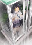  1girl :o against_glass black_hair black_necktie bra_visible_through_clothes breast_press breasts breasts_on_glass brown_footwear bus_stop bush hair_between_eyes highres huge_breasts hyouki_(senran_kagura) loafers long_hair necktie official_art open_mouth phone_booth puddle rain road school_uniform see-through see-through_shirt senran_kagura senran_kagura_new_wave shirt shoes skirt slit_pupils solo standing street very_long_hair water_drop wet wet_clothes wet_hair wet_shirt wet_skirt white_shirt yaegashi_nan yellow_eyes 