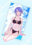  1girl aqua_(kingdom_hearts) bare_arms bare_shoulders bikini black_bikini blue_eyes blue_hair breasts chiyocolate123 collarbone hair_between_eyes highres kingdom_hearts kingdom_hearts_birth_by_sleep kneeling looking_at_viewer medium_breasts midriff navel parted_lips short_hair smile solo swimsuit 