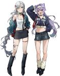  2girls absurdres alternate_costume arm_behind_head bag belt black_belt blue_eyes blue_hair blush boots braid braided_ponytail breasts choker cleavage closed_mouth collarbone cone_hair_bun cropped_jacket earrings eyes_visible_through_hair full_body genshin_impact gradient_hair grey_hair hair_bun hair_over_one_eye hairband hand_on_own_hip handbag high_heel_boots high_heels highres hoop_earrings jacket jewelry keqing_(genshin_impact) large_breasts leg_tattoo long_hair looking_at_viewer midriff multicolored_hair multiple_girls navel o-ring o-ring_choker off_shoulder open_mouth purple_eyes purple_hair red_bag red_choker shenhe_(genshin_impact) simple_background single_bare_shoulder skirt smile socks sssong_aa stomach tank_top tattoo teeth thigh_strap upper_teeth_only very_long_hair white_background 