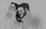  2boys bara beard black_hair breath brown_hair buzz_cut castlevania castlevania:_nocturne chest_hair couple dark-skinned_male dark_skin english_text eye_contact facial_hair green_eyes hairy hand_on_another&#039;s_neck head_tilt highres implied_sex long_hair looking_at_another male_focus mature_male mizrak_(castlevania) multiple_boys nude olrox out-of-frame_censoring pointy_ears severeninaughty short_hair thick_eyebrows thick_mustache torogao upper_body very_short_hair yaoi 
