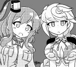  2girls anchor_ornament asymmetrical_hair battle_effectiveness_award ben-day_dots braid breast_pocket breasts cloud_print greyscale high_side_ponytail highres jitome kantai_collection kinoshita_tsubomi large_breasts monochrome multiple_girls neckerchief one-hour_drawing_challenge pocket ponytail saratoga_(kancolle) screentones side_ponytail single_braid smokestack_hair_ornament unryuu_(kancolle) upper_body 