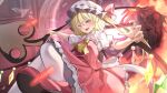  1girl ascot blurry blurry_background commentary crystal fang fingernails flandre_scarlet frilled_skirt frills hair_between_eyes hat hat_ribbon highres laevatein_(touhou) long_fingernails long_hair maboroshi_mochi mob_cap one_side_up open_mouth red_eyes red_footwear red_nails red_ribbon red_skirt red_vest ribbon shirt short_sleeves skin_fang skirt solo thighhighs touhou v-shaped_eyebrows vest white_headwear white_shirt white_thighhighs wings yellow_ascot 