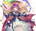  1girl black_dress breasts brown_hair closed_mouth dress feet_out_of_frame flower gradient_hair hair_between_eyes here_(hr_rz_ggg) highres hijiri_byakuren long_hair long_sleeves medium_breasts multicolored_hair pink_flower purple_hair scroll smile solo sorcerer&#039;s_sutra_scroll touhou white_dress yellow_eyes 